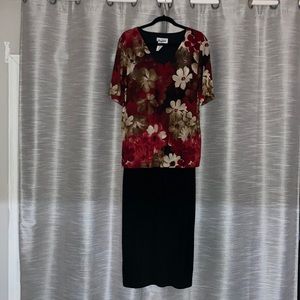 And focus dress layered attached top multi colored red with black base